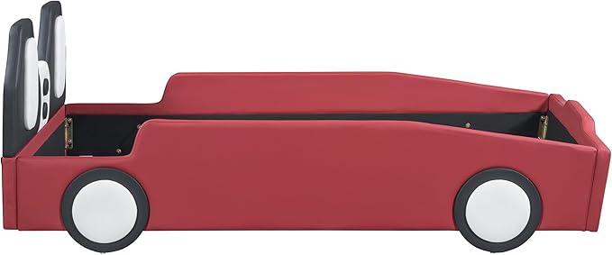 Twin Size Race Car Bed for Kids, PU Car-Shaped Bedframe with Wheels and Side Rails for Boys,Girls, Wood Slat Support, No Box Spring Needed,White