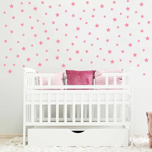 Wall Decals Baby Pink Stars for Kids Room, 3-4-5centimeter Mix 112 Pcs, Easy to Peel Easy to Stick, Safe On Walls and Paint, Vinyl Decor by Bugybagy. (Matte Baby Pink)