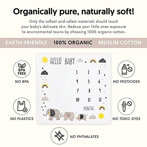 Organic Baby Monthly Milestone Blanket for Boy or Girl with Month Marker - Elephant Milestones Blanket, 1-12 Months, Gender Neutral, 47" X 47"