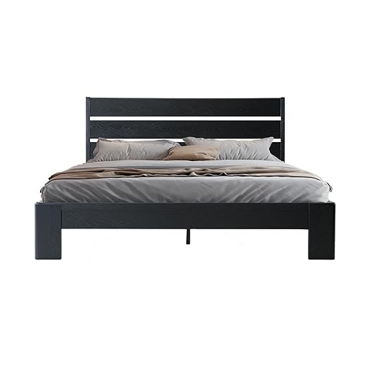 Queen Size Solid Wood Platform Bed Frame with Headboard & Footboard, Metal Legs with 12 Durable Slatted Base, Easy Assembly, No Box Spring Needed, Noise-Free & Anti-Slip, Ebony Oak Finish, QIQ-35