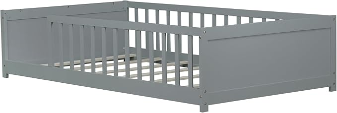 Floor Bed with Rails Twin Size, Wood Montessori Floor Bed with Storage Bookcase, Kids Bed Frame with Fence for Boys Girls, Gray