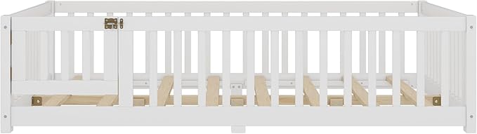 Harper & Bright Designs Full Floor Bed with Safety High Fence, Wood Montessori Bed with Door, Full Size Floor Beds with Solid Wood Support Slats for Boys, Girls, Kids, White