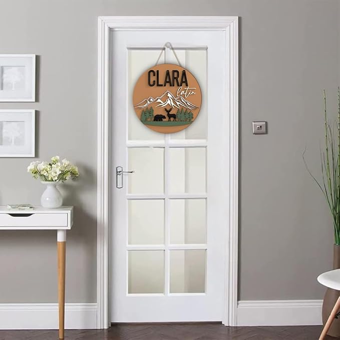 Custom Wood Name Sign for Nursery – Mountain and Wildlife Theme Round Wall Decor –Jungle Hanging On The Door-Custom Bedroom Door Sign Natural Wood Circle