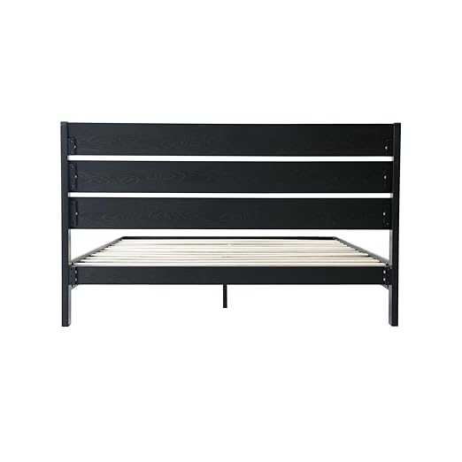 Queen Size Solid Wood Platform Bed Frame with Headboard & Footboard, Metal Legs with 12 Durable Slatted Base, Easy Assembly, No Box Spring Needed, Noise-Free & Anti-Slip, Ebony Oak Finish, QIQ-35
