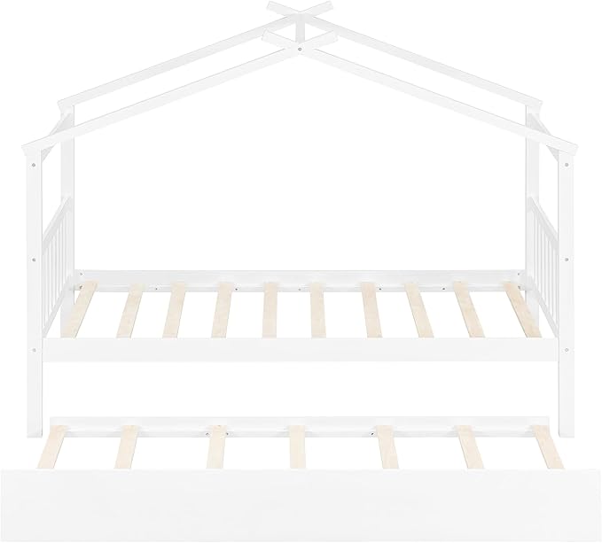Harper & Bright Designs Twin House Bed for Kids, Wood Platform Bed with Trundle, Montessori Bed with Roof, Playhouse Trundle Beds for Kids,Teens, Bedroom, White