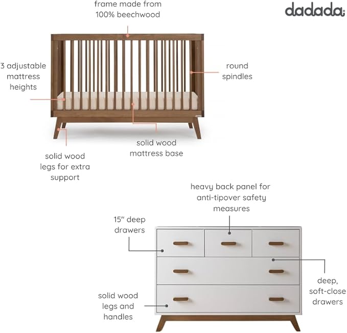 dadada Soho Baby Nursery Furniture Set. Baby Crib and Dresser Set Combo. Soho 3 in 1 Convertible Crib and Matching 5 Drawer Dresser. Walnut Beechwood