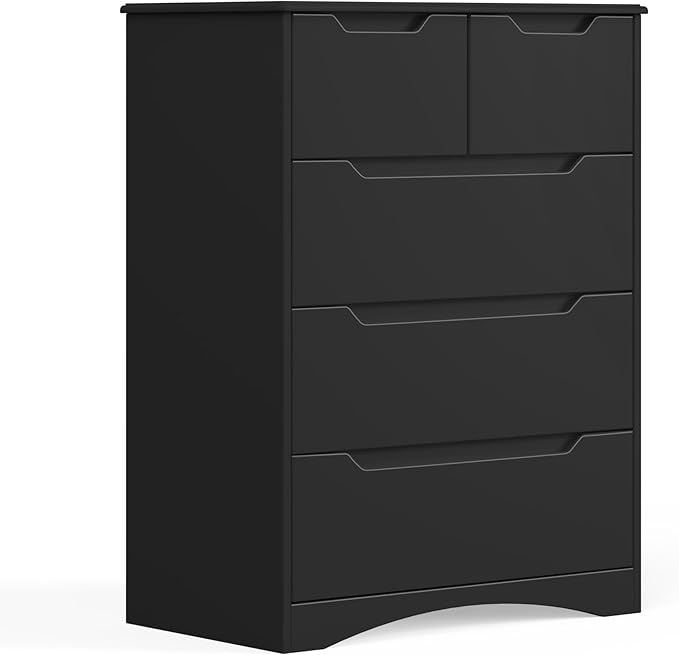 Gizoon 5 Drawers Chest, Black Dresser for Bedroom with Large Storage Capacity, Chest of Drawers with Embedded Handle, Sturdy Anti-Tripping Device for Hallway, Office, Living Room