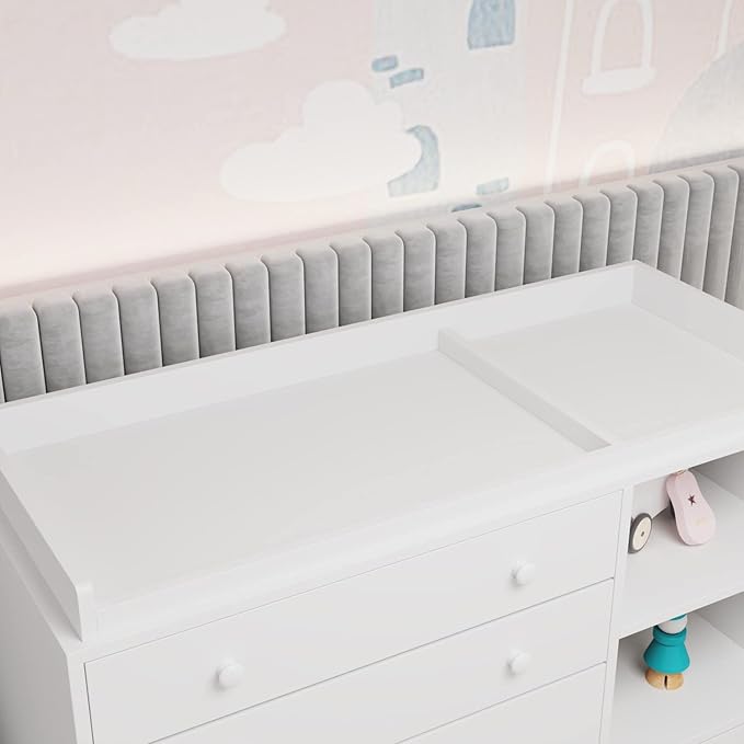 AIEGLE Baby Nursery Dresser, White Bedroom Dresser with 5 Drawers & Storage Shelves, Wood Chest of Drawers Nursery Storage Kids Organizer (47.6" L x 19.7" W x 36.1" H)
