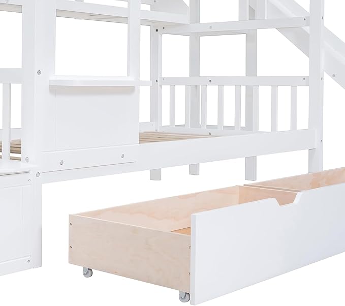MERITLINE Twin Over Twin Castle Bunk Bed with Slide,Stairs and Drawers,Solid Wood Floor House Princess Bunk Bed with Storage Shelves (White)