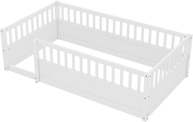 Bellemave Kids Montessori Floor Bed,Twin Size Floor Bed with High Fence and Door,Twin Bed Frame with Guardrails for Kids,Girls,Boys,Twin,White