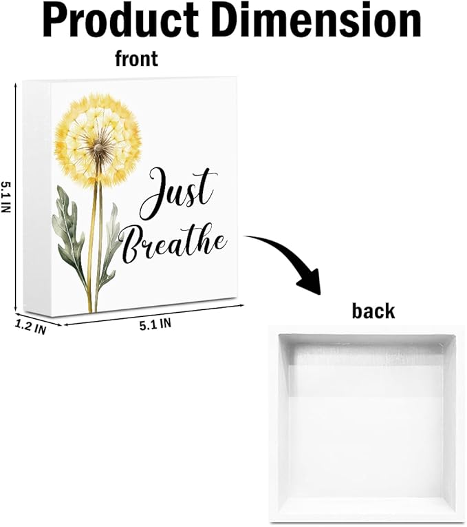 Secret Santa Gifts Just Breathe Decorative Wooden Box Sign, dandelion Inspirational Quotes Deco Rustic Farmhouse Home Office Shelf Table Decorations Wood Block Plaque