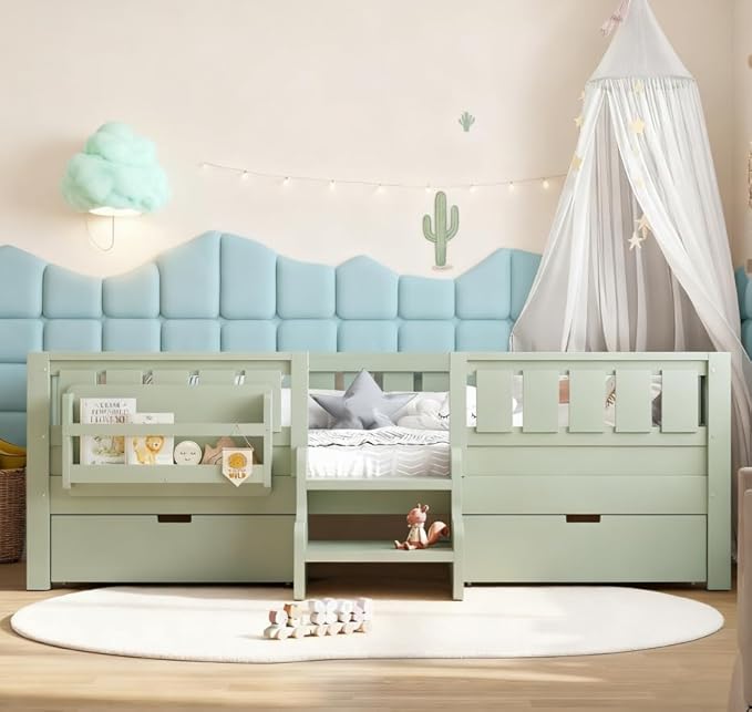 Bellemave Twin Size Kids Bed with high Rails and with Built-in Bookshelf and Drawers for Kids, Girls, Boys, Wood Montessori Bed Without Door, Avocado Green