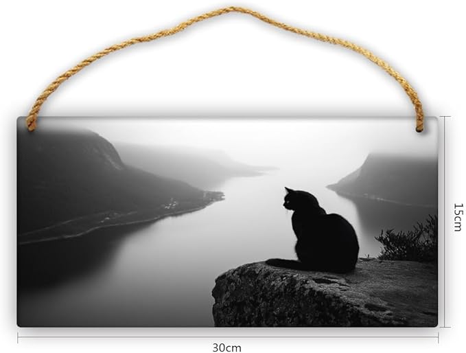 Monochrome Cat Landscape Wooden Sign 12x6 Inch, Farmhouse Wood Wall Decor Wood Plaque for Bedroom, Nursery & Kitchen, Ideal Home Decor for Pet Enthusiasts & Art Lovers
