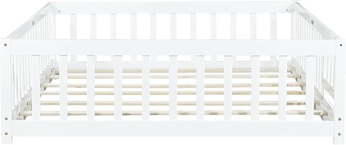 Full Size Montessori Floor Bed Frame with Convertible Door & Wood Slats for Kids,Wood Montessori Bed with Safety Guardrails for Girls & Boys,White