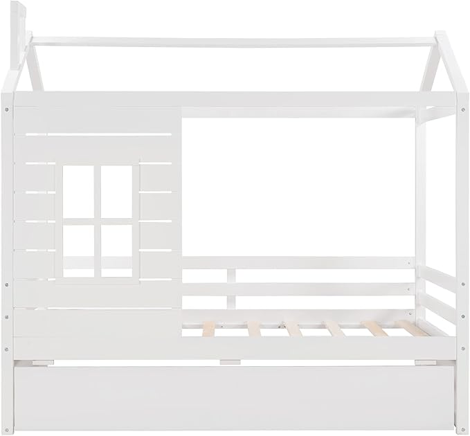 Merax Twin Size House Bed with Trundle, Twin House Shaped Bed Frame for Boys Girls, Wooden Bed Frame Twin Size with Roof, No Box Spring Needed, White