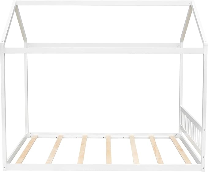 Bellemave Queen House Bed with Roof Wood Montessori Floor Beds for Kids Wood House Floor Bed Frame for Girls Boys Teens Adults, No Spring Box Needed, White