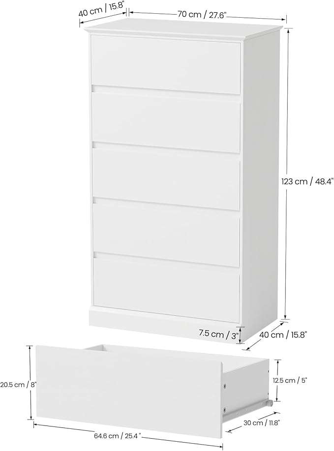 Dresser for Bedroom, Modern 48" Tall White 5 Drawer Dresser, Wood Chest of Drawers for Bedroom, Living Room, Entryway