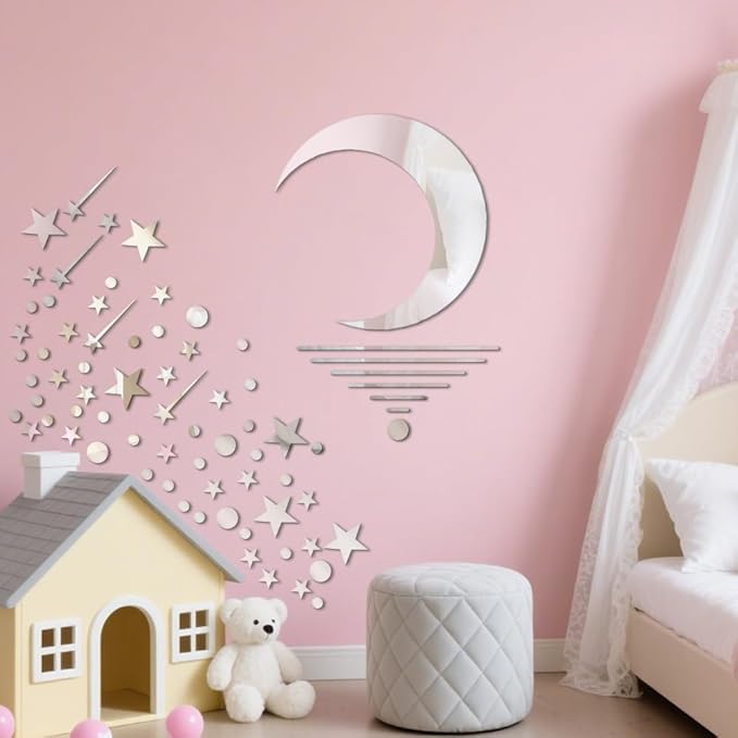 71 Pcs Silver Star Stickers, 3D Acrylic Moon Shooting Star Mirror Wall Stickers Decor, Removable Decals Art Self-Adhesive for Home Nursery Classroom Bedroom Interior Wallpaper Background Art Decor
