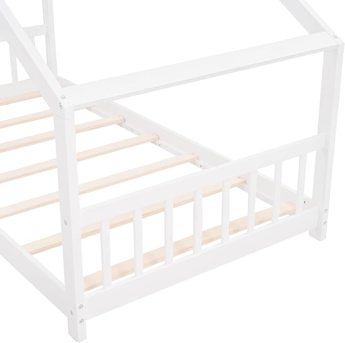 Ball & Cast Twin Size Floor Bed,Low to Ground Design Montessori Bed with Roof,Toddler House Bed Frame W/Slats,No Box Spring Needed,for Girls Boys,White