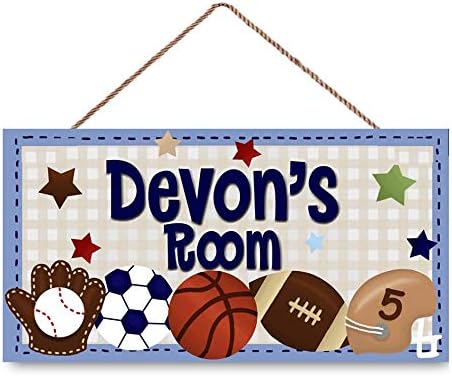 Blue All Star Boys Sports - Football Soccer Baseball Bedroom Personalized Name Door Sign Custom Wood Plaque Sign Wall Decor Gift