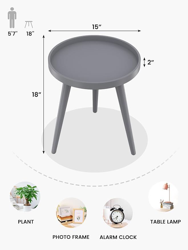 Apicizon Grey Round Side Table Set of 2, Tray Nightstand Sofa Coffee End Table for Living Room, Bedroom, Small Spaces, Easy Assembly Bedside Table, 15 x 18 Inches, Grey