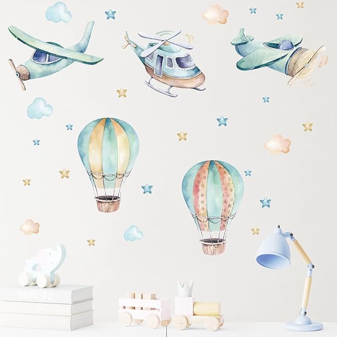 Cartoon Colorful Airplane Hot Air Balloon Wall Stickers Cloud Star Removable Vinyl Wall Decals for Kids' Rooms Nursery Classroom