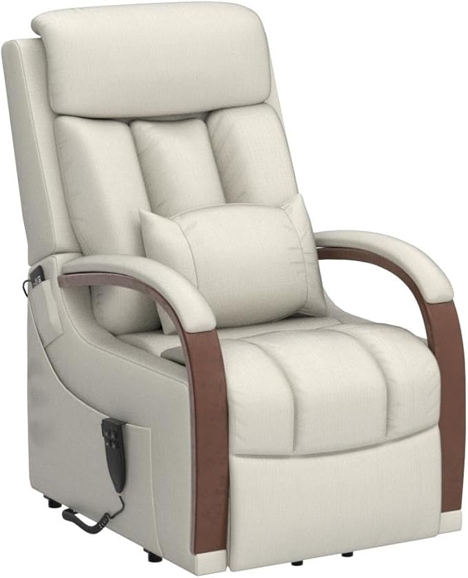 DYNOX Small Lift Chair Recliner with Heat and Massage, Dual Motor Power Lift Sofa for Elderly,Infinite Adjust for Back and Footrest,Side Pocket(9185,Beige,Linen Fabric