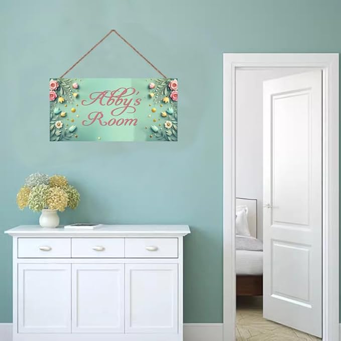 Personalized Name's Pretty Green Nursery Kid's Children's Girls Bedroom Door Sign Flowers Wood Plaque Sign Wall Decor Wall Art Decor Decorative Plate