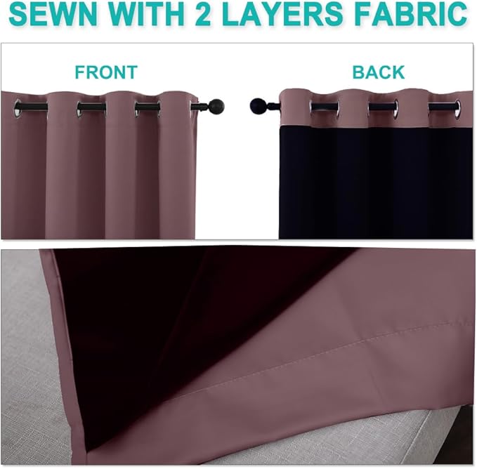 NICETOWN 100% Blackout Short Curtains with Black Liners, 2 Panels, 37" W by 50" L, Dry Rose, Solid Thermal Insulated Full Blackout 2-Layer Lined Drapes, Energy Efficiency Window Drapes for Bedroom