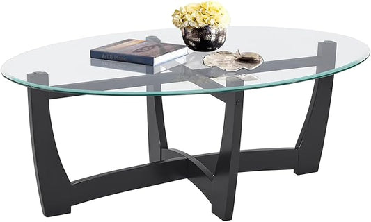 LKTART 48" Oval Glass Coffee Table with Tempered Glass Top Cross and Solid Wood Base Simple & Modern Center Table for Living Room Office Apartment Black