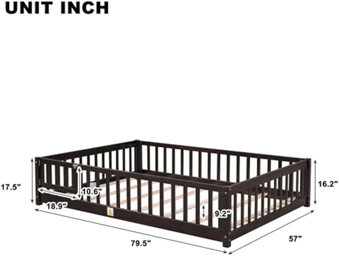 i-POOK Full Floor Bed for Children, Sturdy Wood Montessori Bed Frame with Wood Slats, Fence & Door for Girls and Boys, Espresso (with Bed Slats)