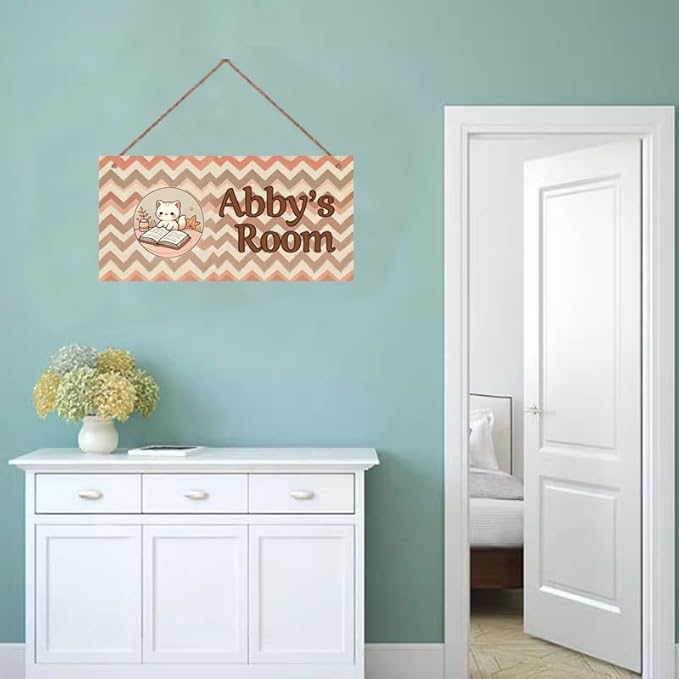 Personalized Kids Door Sign Cat Reading Book Bedroom Nursery Personalized Name Wooden Sign Décor For Kids Room
