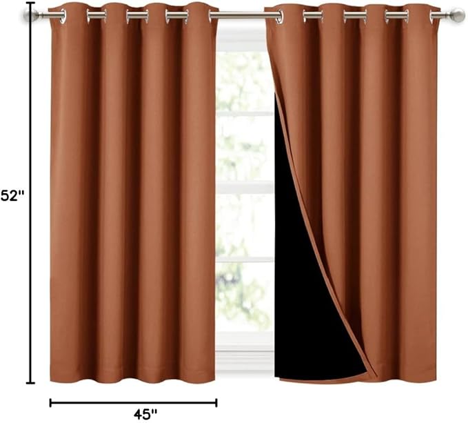NICETOWN Burnt Orange 100% Blackout Curtains 45 inches Long, 2 Thick Layers Completely Blackout Window Treatment Thermal Insulated Lined Drapes for Small Window (1 Pair, 52 inches Width Each Panel)