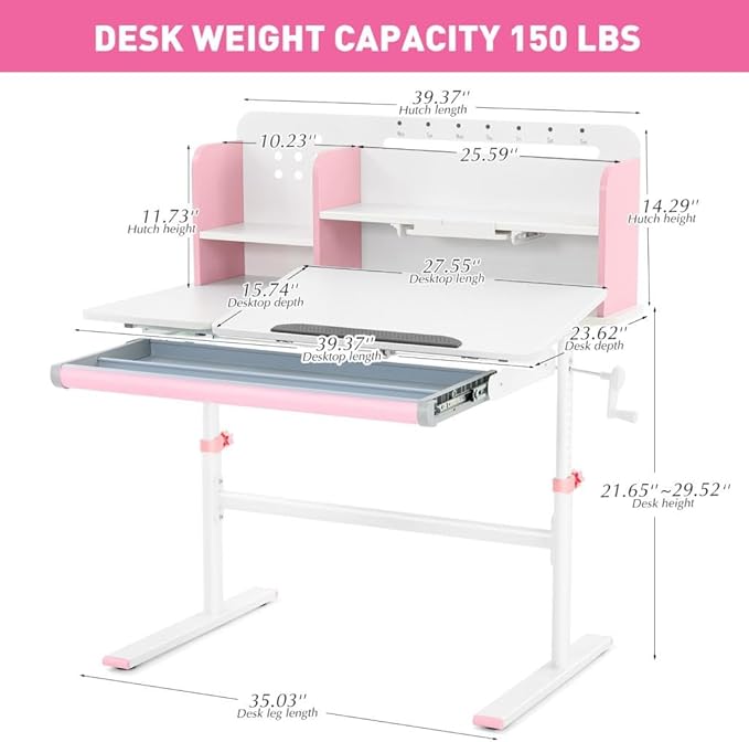 COSVALVE 39in Wide Adjustable Height Kids Desk with Tilting Desktop, Steel Frame, Drawer, and Bookshelf Hutch, Study Child Table for Ages 3-12, Pink