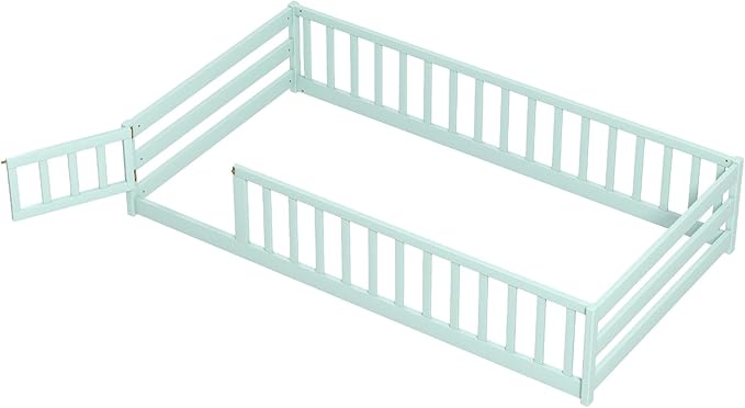 KOMFOTT Twin Size Wood Floor Bed with Door & Fence, Montessori Bed Frame with Full Length Safety Guardrails, Door & Latch, Wooden Montessori Floor Bed for Kids, Girls, Boys (Twin,Light Green)