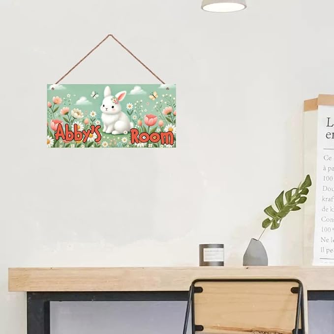 Personalized Sign - Sweet Rabbit and Flowers Door Sign & Wall Art - Flower Sign for Nursery Decor, Kids' Room Decor, Door Signs, Wall Hangers