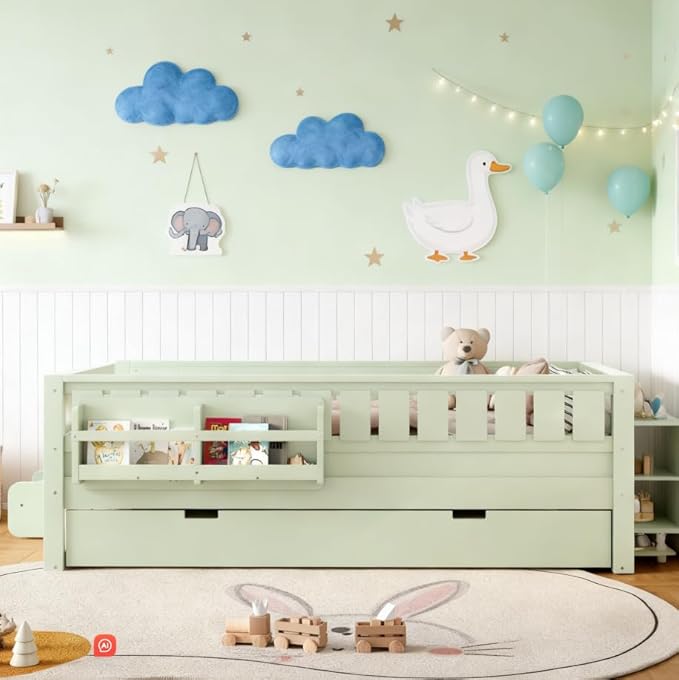 Bellemave Twin Size Kids Bed with high Rails and with Built-in Bookshelf and Trundle for Kids, Girls, Boys, Wood Montessori Bed Without Door, Avocado Green