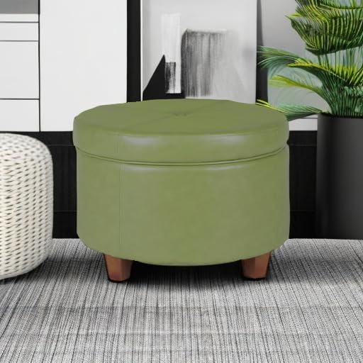 HomePop Round Leatherette Storage Ottoman with Lid, Moss Green Large