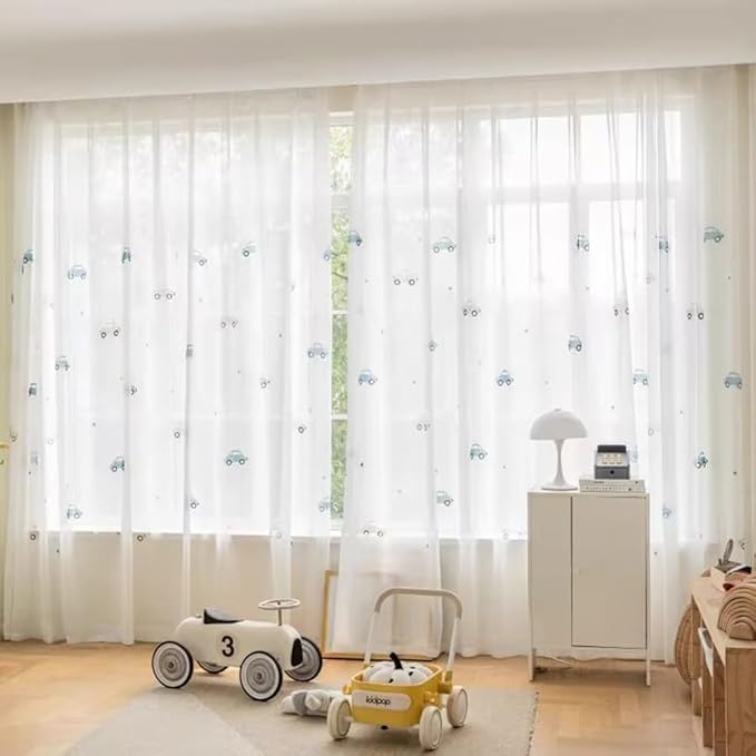 Cute Car Patterned White Sheer Curtains for Living Room Cartoon Semi Sheer Voile Drapes for Nursery Room Kids Bedroom Grommet Window Sheer Drapes 1 Panel W52 x L84 Inch