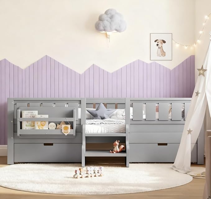 Bellemave Twin Size Kids Bed with high Rails and with Built-in Bookshelf and Drawers for Kids, Girls, Boys, Wood Montessori Bed Without Door, Gray
