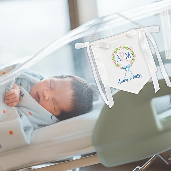 Embroidered Baby Name Sign with Bows Personalized Baby Announcement Sign Newborn Baby Banner Baby Hospital Name Sign Canvas Hanging Pennant Flag Custom Infant Baby Name Baby Shower Banner (11)