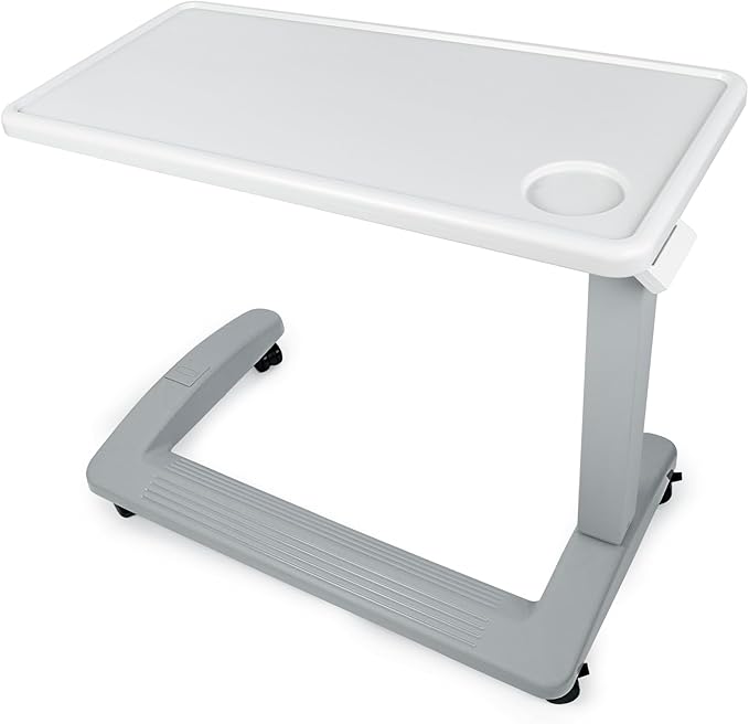 Vaunn Medical Adjustable Overbed Exam Bedside Table with Wheels (Hospital and Home Use), New Tabletop, Light Gray