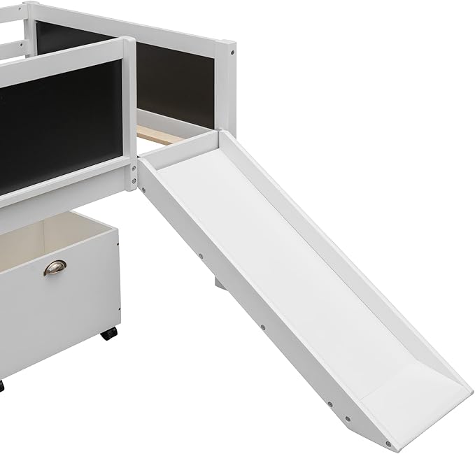 Play Fun Design Twin Size Loft Bed with Slide and Rope Climbing Ladder for Kids Boys Girls, Solid Wood Loft Bed Frame with 2 Storage Boxes and Double-sided Chalkboard, Sturdy Slat Support (White-2)