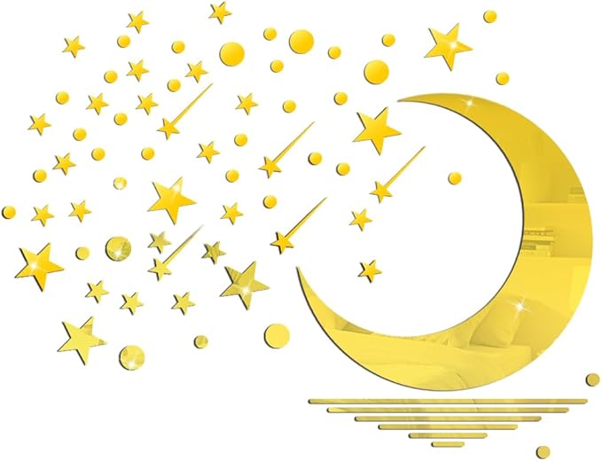 71 Pcs Gold Star Stickers, 3D Acrylic Moon Shooting Star Mirror Wall Stickers Decor, Removable Decals Art Self-Adhesive for Home Nursery Classroom Bedroom Interior Wallpaper Background Art Decor