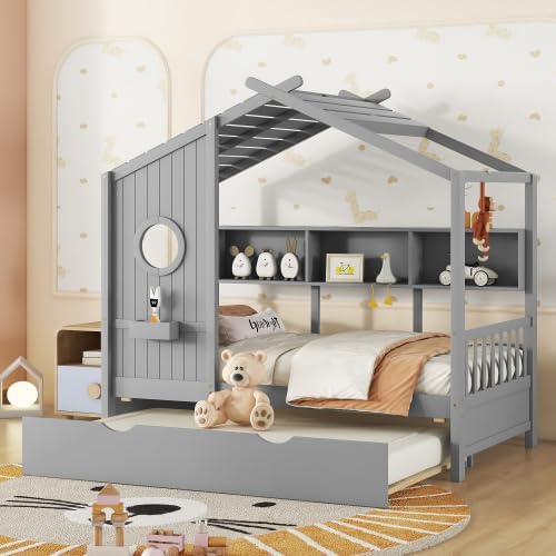 MERITLINE Kids House Bed with Trundle and Storage Shelf, Twin Size Wooden Kids Montessori Bed Frame (Grey)