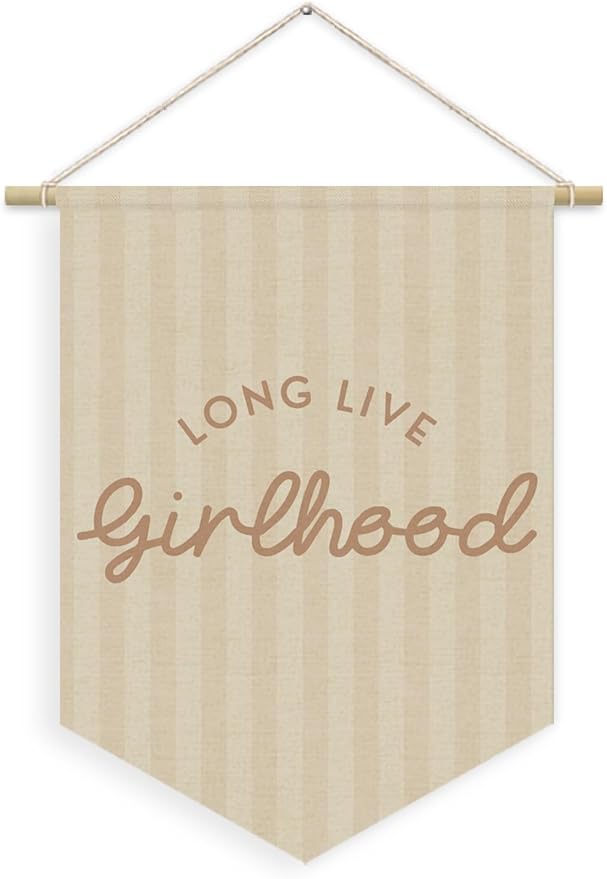 Girl Nursery Decor, Long Live Girlhood Linen Canvas Banner, Neutral Striped Wall Hanging Pennant Flag Banner for Girl Nursery Toddler Kids Room Bedroom Dorm Playroom Decor, 15x11in