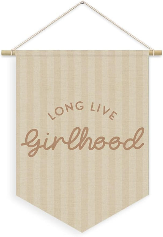 Girl Nursery Decor, Long Live Girlhood Linen Canvas Banner, Neutral Striped Wall Hanging Pennant Flag Banner for Girl Nursery Toddler Kids Room Bedroom Dorm Playroom Decor, 15x11in