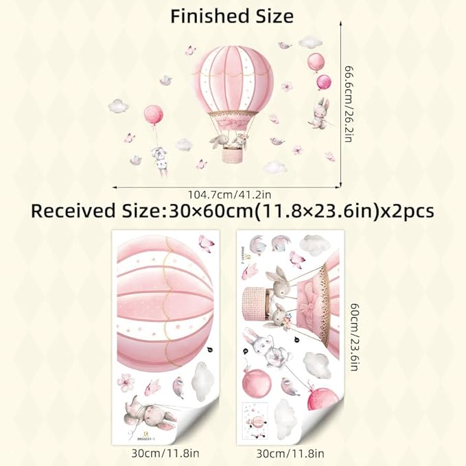 Pink Hot Air Balloon Rabbit Wall Stickers Animal Dream Peel and Stick Wall Decals for Kids' Rooms Nursery Classroom