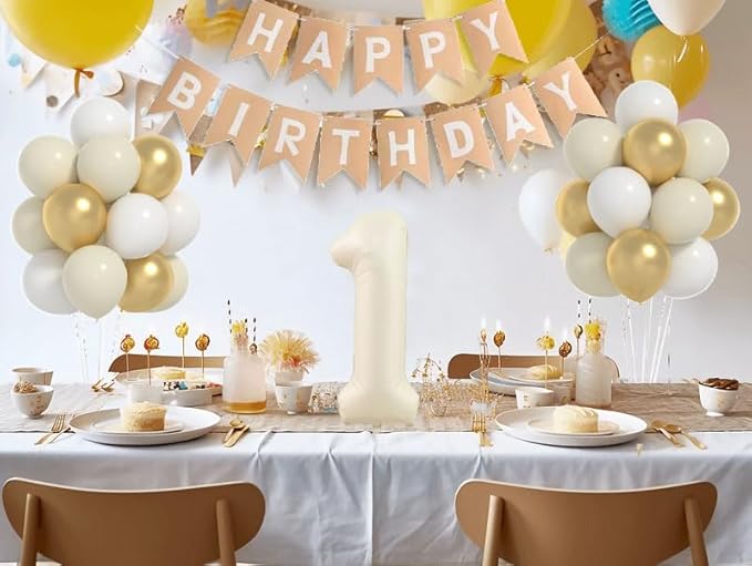 One Birthday Decorations kit, 40inch cream Number 1 balloon and HAPPY BIRTHDAY banner set with 12inch White Sand Metallic Gold Balloons for Kids 1st Birthday Decorations