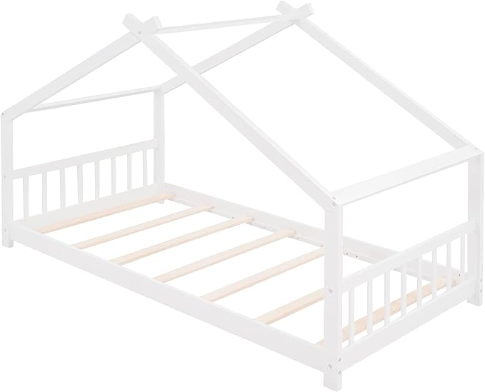 Ball & Cast Twin Size Floor Bed,Low to Ground Design Montessori Bed with Roof,Toddler House Bed Frame W/Slats,No Box Spring Needed,for Girls Boys,White